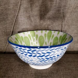 Hand-Painted Ceramic Bowl with Green and Blue Patterns